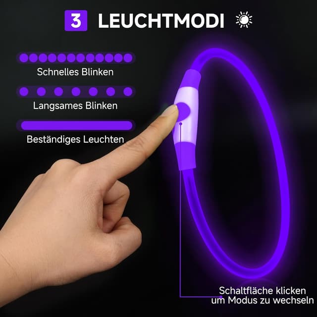 Detalle 2 de Leuchthalsband für den Hund (aufladbar) – LED, wasserdicht, 3 Lichtmodi, Violett, 70 cm