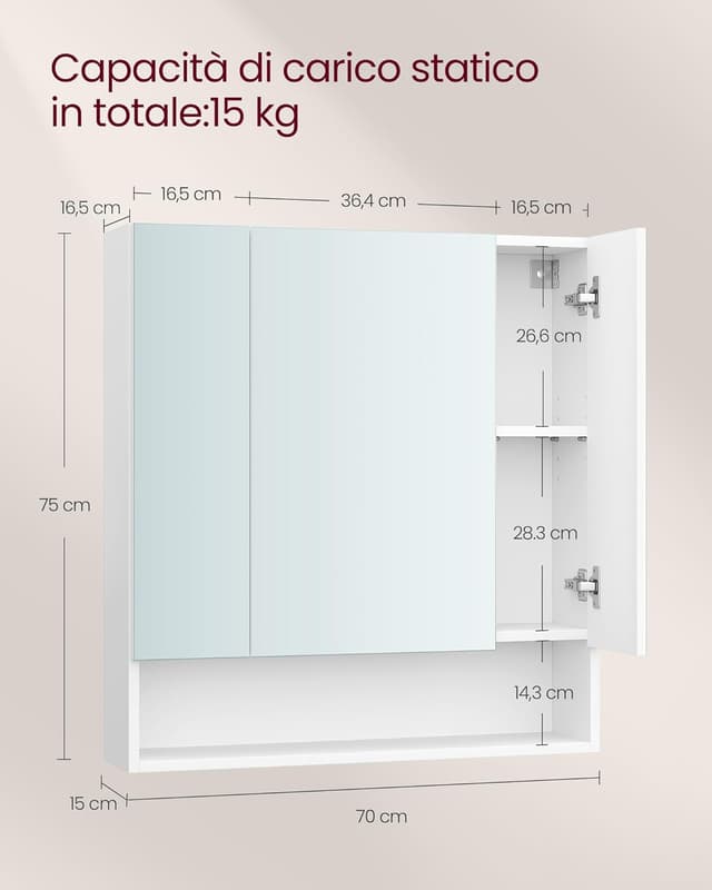Detalle de VASAGLE KAILYN BBK129W01 armadietto bagno da parete con specchio e ante a specchio