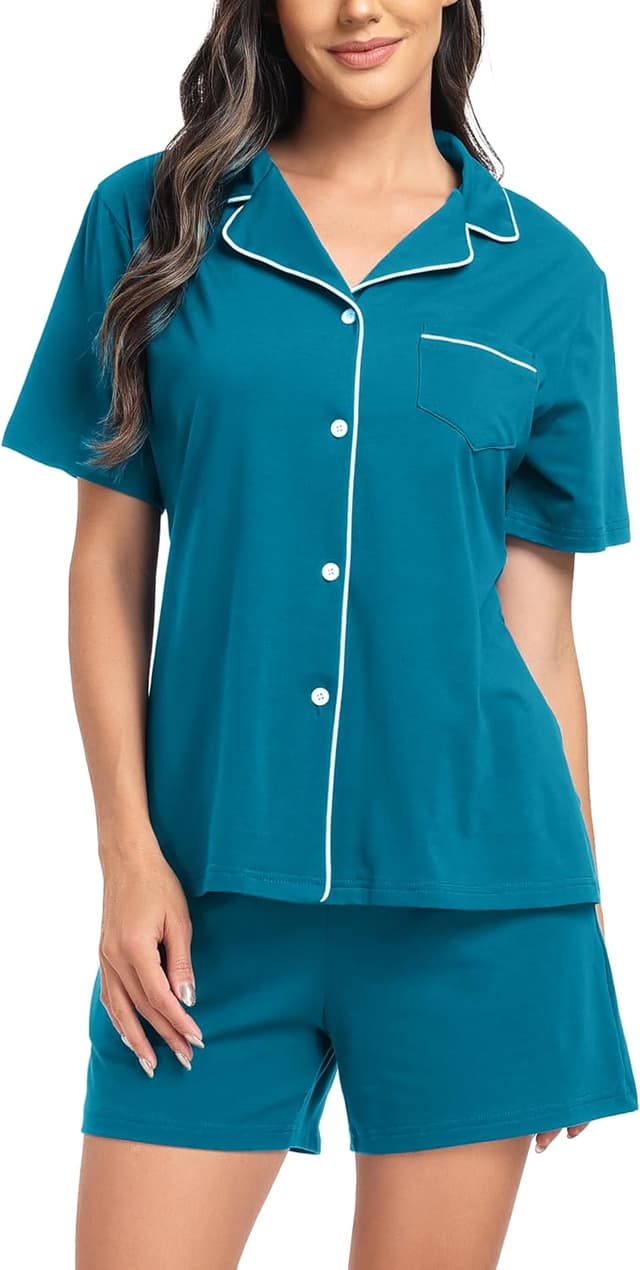 Detalle de Ensemble pyjama femme en coton Lovasy : short + haut col V à manches courtes