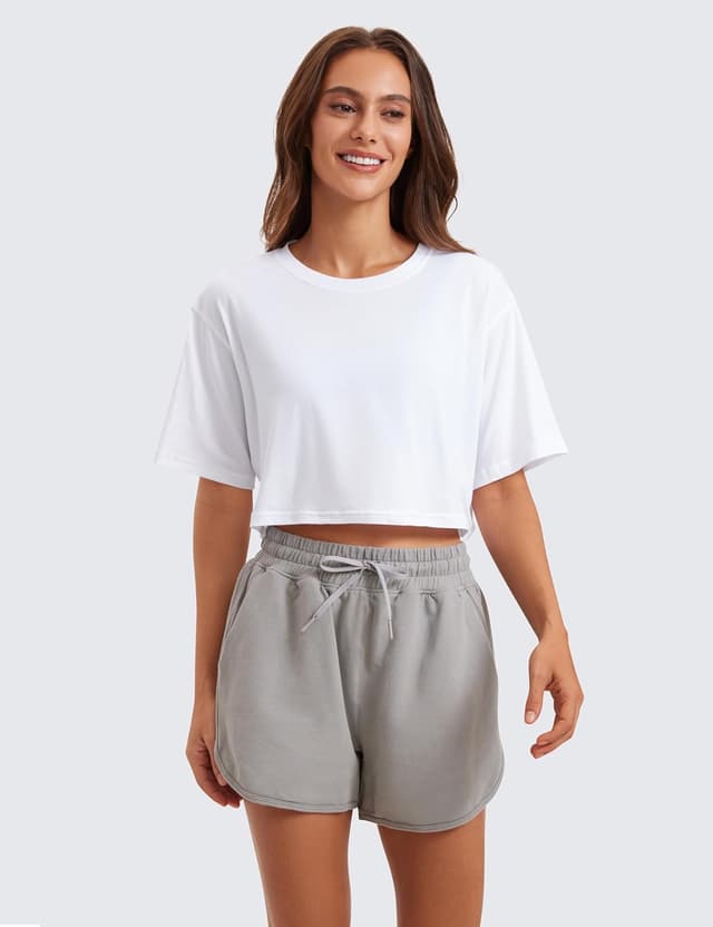 Detalle de CRZ YOGA Women’s Pima Cotton Loose Cropped T-Shirt (R772), short sleeve