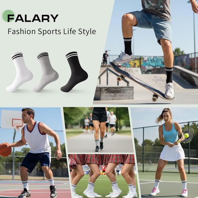 Detalle 2 de FALARY 6/12 Pairs Bamboo Fashion Sports Crew Socks for Men & Women