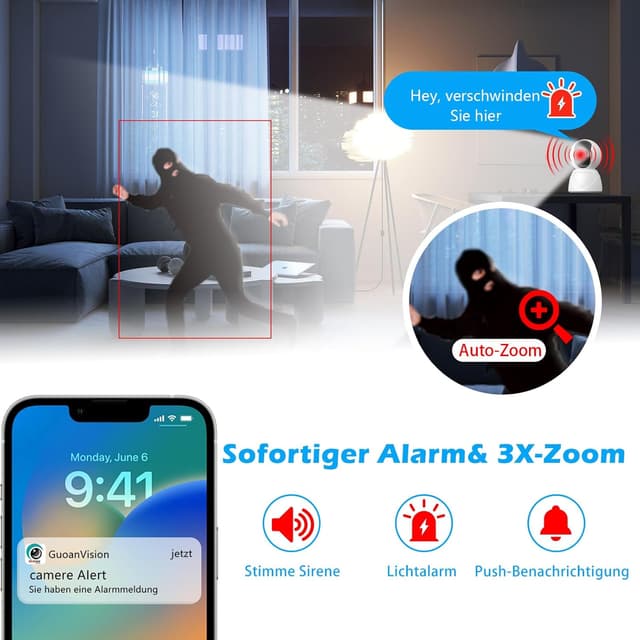 Detalle de Guoanvision S800 5G WLAN Überwachungskamera Innen (3 MP, 360° drehbar, Auto-Tracking, Zwei-Wege-Audio, SD/Cloud)