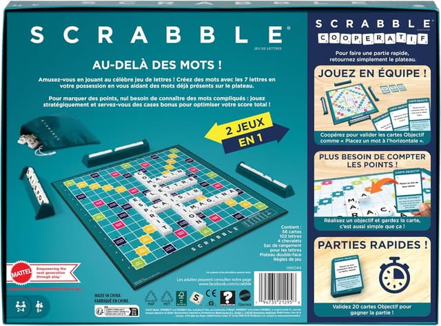 Detalle de Mattel Games Scrabble HWD44 : un jeu de société familial avec 2 modes de jeu (français), dès 10 ans