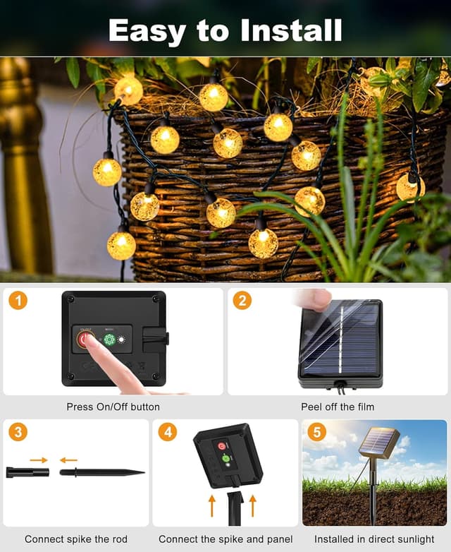 Detalle 2 de btfarm 15 m Solar-Lichterkette mit 50 LED (Kristallkugeln) für außen – 8 Modi, warmweiß, IP65