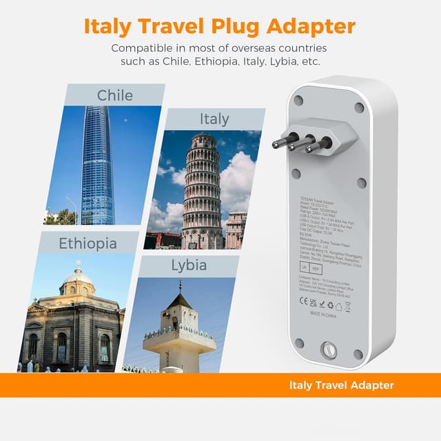 Detalle 2 de TESSAN UK to Italy Plug Adapter with 3 USB Ports (1 USB-C) for Type L sockets