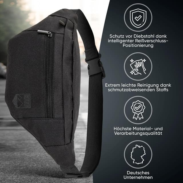 Detalle de RUVO® Bauchtasche für Herren und Damen – wasserabweisende Hüfttasche mit 4 Reißverschluss-Fächern