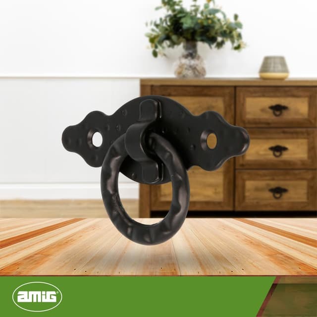 Detalle 2 de Amig Poignée horizontale Modèle 1000 en acier noir, 80 x 28 x 1,5 mm avec anneau et plaque pointillée