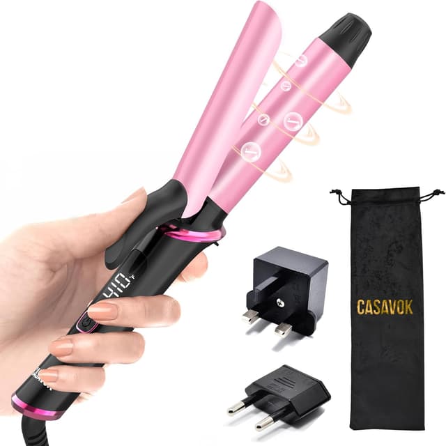 Detalle de Casavok Mini Curling Iron for Travel (110–240V Dual Voltage) with EU/UK Plug Adapter, 1 Inch, 5 Digital Temperature Settings