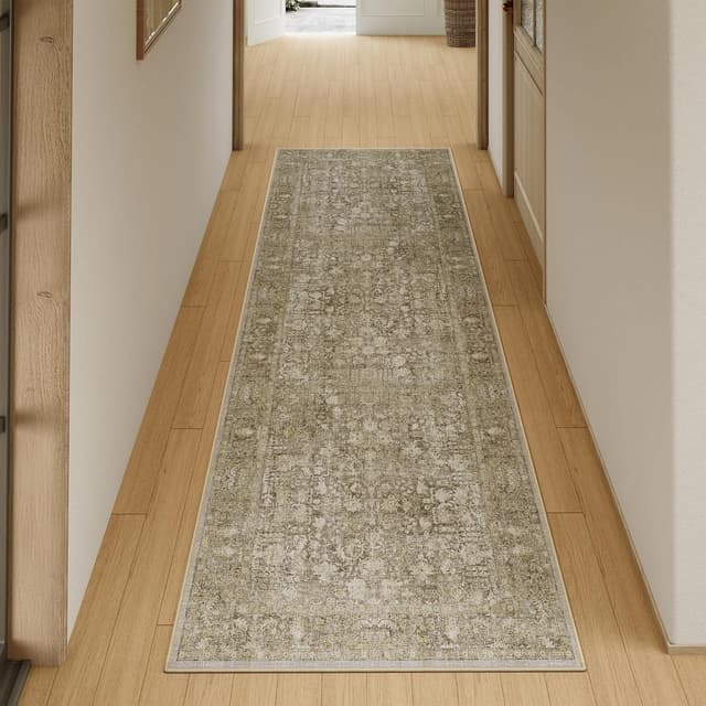 Detalle de HUGEAR Vintage Braun waschbarer Teppich 60x240 cm – rutschfest, kurzflorig für Flur & Vorzimmer