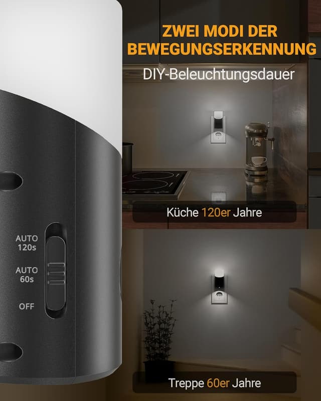 Detalle de Lyridz Nachtlicht-Steckdose mit Bewegungssensor (2er-Set) – dimmbares LED-Nachtlicht kaltweiß, 6500K, 3 Modi