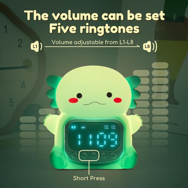 Detalle 2 de Yiliaw Axolotl Alarm Clock with Night Light for Kids (Green) with USB Recharge