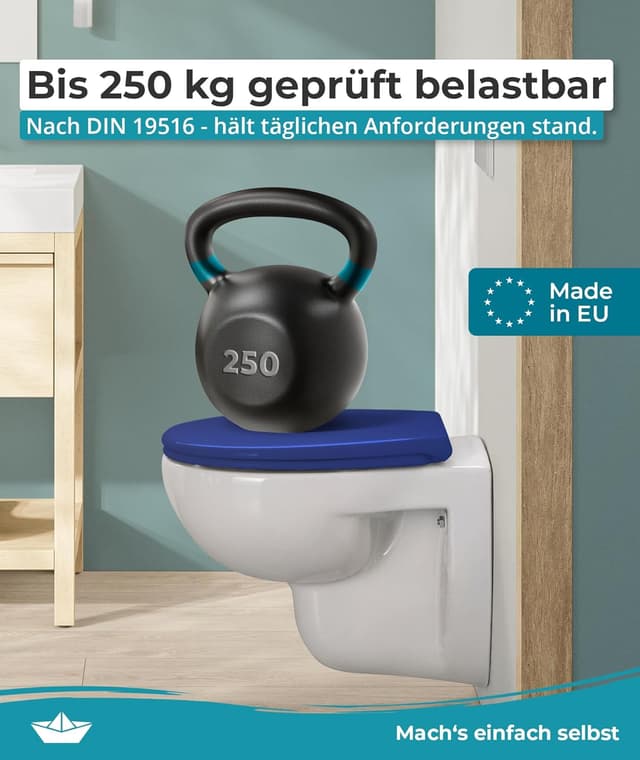 Detalle de Calmwaters® Premium WC Sitz mit einfacher Montage, antibakterieller Duroplast, Absenkautomatik – blau, oval (bis 250 kg)