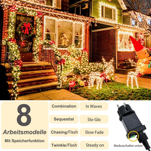 Detalle de Meision Lichterkette Außen Strom 20 m (200 LEDs) mit 8 Modi, Timer & Speicherfunktion (Warmweiß, IP44)