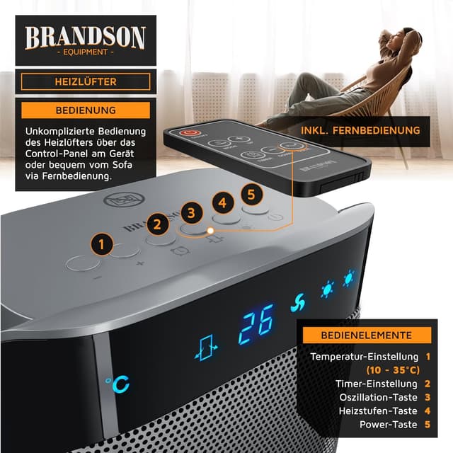Detalle de Brandson Heizlüfter 2000 Watt mit Fernbedienung (Brandson 305027) – mit Oszillation und Timer
