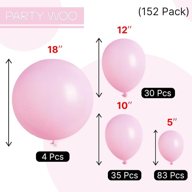 Detalle de PartyWoo Baby Pink Balloons 152-Piece Pastel Light Pink Latex Balloon Arch Kit (18, 12, 10, 5 inch)