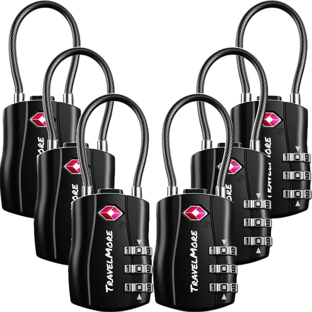 Detalle de Lot de 6 cadenas TSA à code 3 chiffres avec câble souple pour valises et sacs de voyage (noir)