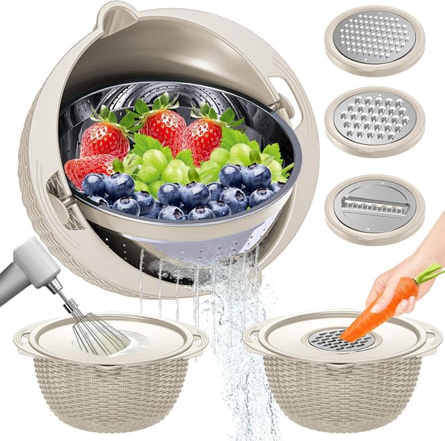 Detalle de 4-1 Colander with Bowl Set (Rotatable) — Stainless Steel + Grater Attachments for Kitchen Prep