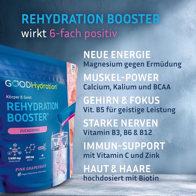 Detalle de GOOD Hydration® Rehydration Booster Grapefruit Elektrolyt-Pulver (1.450 mg) ohne Zucker – 24 Sticks