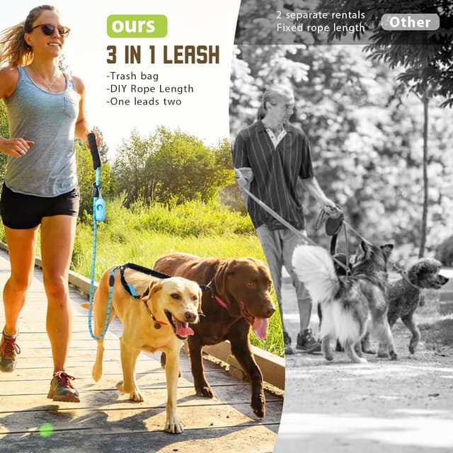 Detalle de Blanlody Double Dog Lead (No Tangle) with Reflective Bungee, 360° Swivel, Padded Handles & Waste Bags