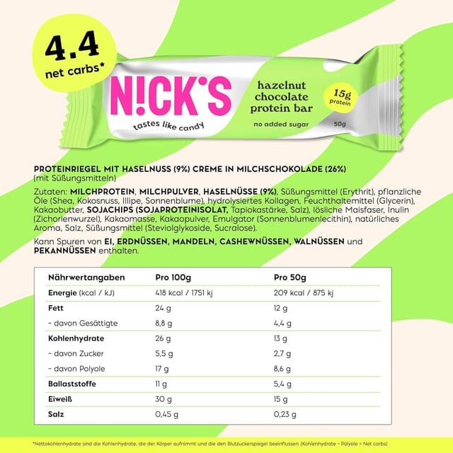 Detalle 2 de NICKS Protein Riegel Haselnuss 15 g 🍫
