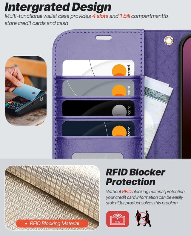 Detalle de OCASE iPhone 16 Pro Max Hülle (2in1) aus Leder, stoßfest mit abnehmbarer Magnet-Hülle, Kartenfach, RFID-Schutz und Handschlaufe – Violett