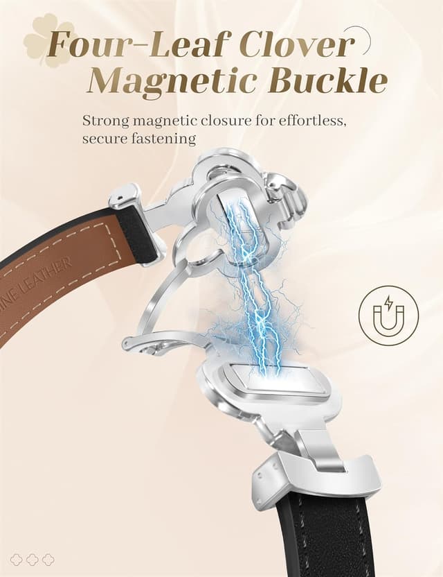 Detalle 2 de MOINSPIRE Designer Slim Leather Magnetic Watch Bands for Women (Four-Leaf Clover)