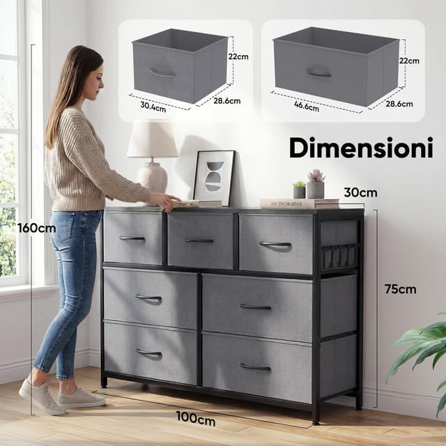 Detalle 2 de HOKEEPER Cassettiera 7 cassetti in tessuto grigio, mobile basso salvaspazio