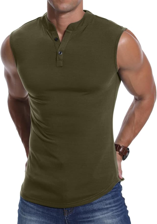 Detalle de PCEAIIH Men’s Sleeveless Henley Vest Sports Tank (65% rayon / 35% polyester) – slim fit running & gym top