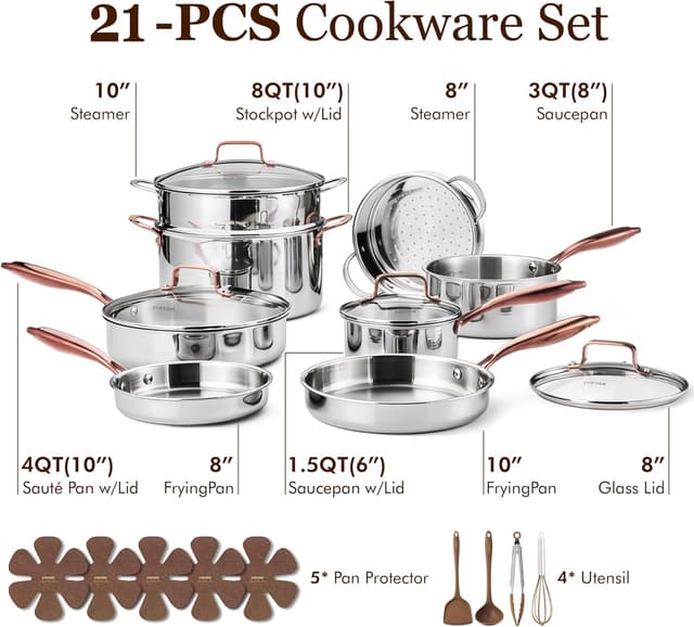 Detalle 2 de CAROTE 21pc Tri-Ply Stainless Steel Cookware Set (Pots and Pans), Induction Safe, Mirror Polish, Gold