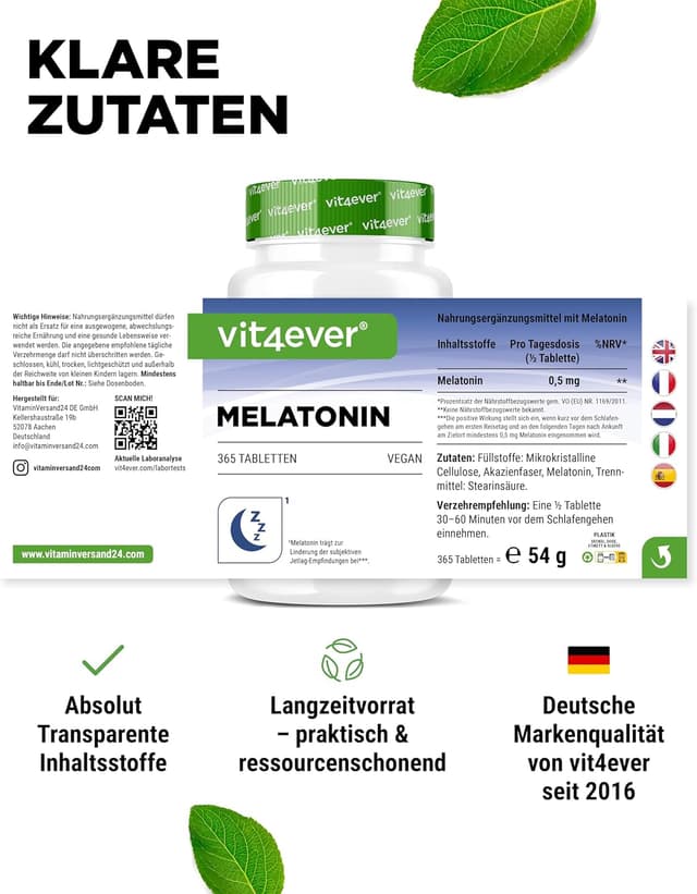 Detalle de vit4ever Melatonin 0,5 mg (1/2 Tablette) – 365 Tabletten, vegan