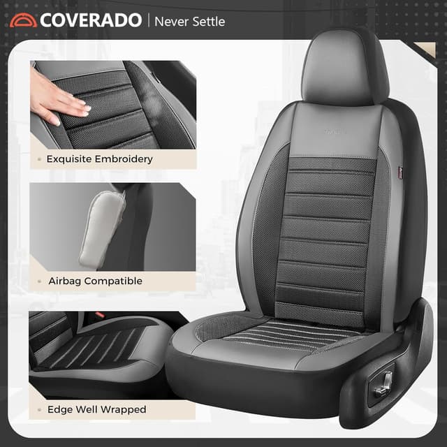 Detalle de Coverado Car Seat Covers Full Set (5 Seats) in Black Gray – Luxury Leather + Mesh Protectors
