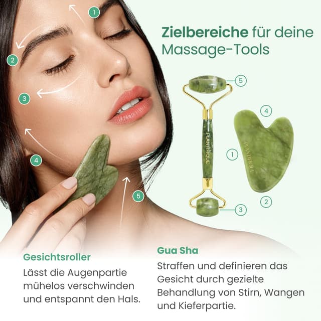 Detalle de PLANTIFIQUE Jade Gesichtsroller & Gua Sha Set aus Naturjade für Massage, Lymphdrainage und Augen
