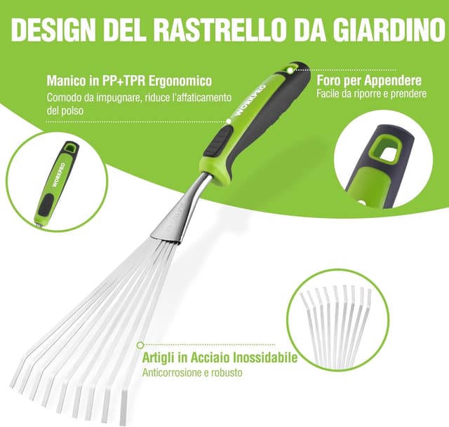 Detalle de WORKPRO Rastrello a mano 41 cm per foglie con 9 denti in acciaio inox e impugnatura ergonomica
