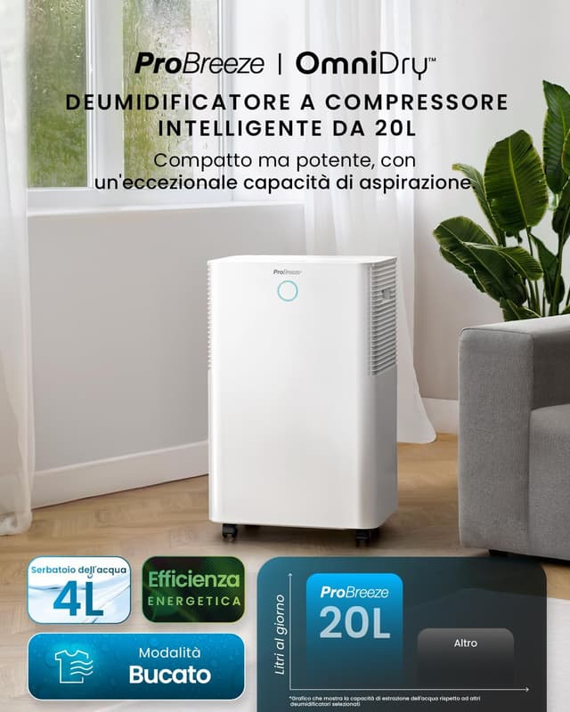 Detalle 2 de Pro Breeze OmniDry Deumidificatore casa WiFi 20 L/giorno con serbatoio 4 L e asciugatura vestiti
