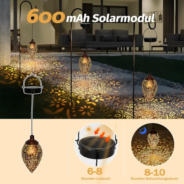 Detalle de Görvitor Solarlaterne für Außen (Olivenform) – 2er-Set, Metall, warmweiß, wasserdicht IP65