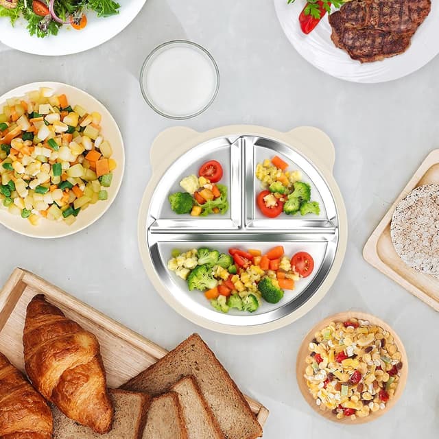 Thumbnail 6 de Edelstahl Baby Teller mit Saugnapf (2 Stück) – Silikon-Kinderteller BPA-frei, abnehmbare Hülle, Beige + Dunkelgrün