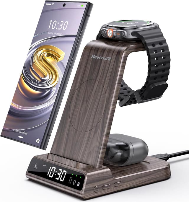 Detalle de Station de charge induction 3 en 1 Samsung (S25 Ultra, Galaxy Watch, Galaxy Buds 2) avec horloge digitale