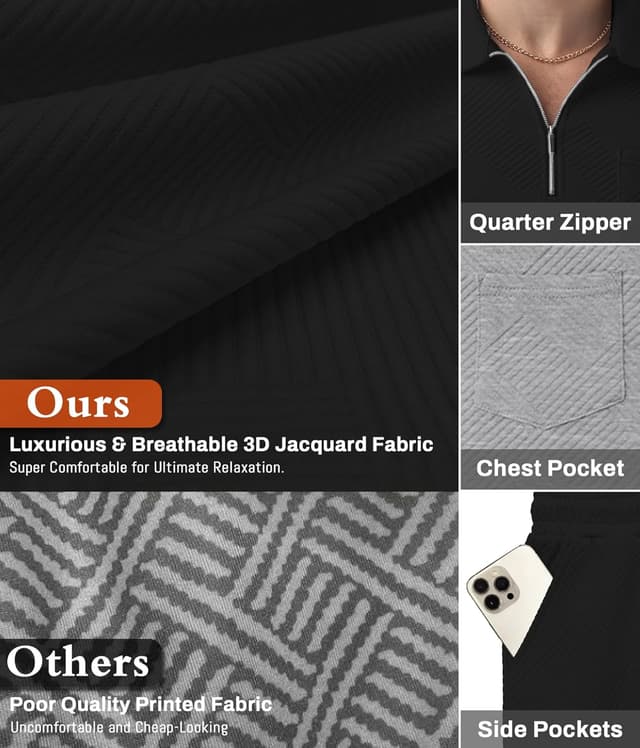 Detalle 2 de QIXING men’s shorts and T-shirt set with polo collar and half-zip (2-piece jacquard tracksuit)