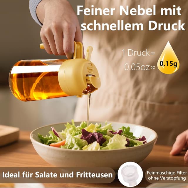 Detalle de SWEET VIEW 2-in-1 Ölsprüher und Ölspender mit Glasflasche, 470 ml (gelb) – zum Kochen, Grillen & Heißluftfritteuse