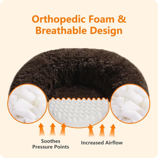 Detalle de HMTOPE Orthopädisches rundes Hundebett (Donut) 70 cm Ø, braun – waschbarer Kuschelkokon