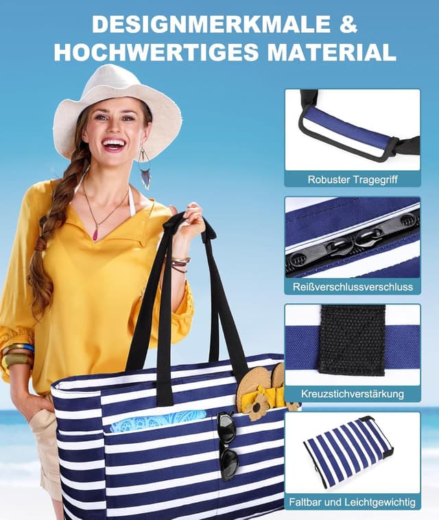 Detalle de ISEYOU Strandtasche XXL Familie (45L) – faltbar, wasserdicht & mit Reißverschluss, für Strand, Urlaub und Fitnessstudio