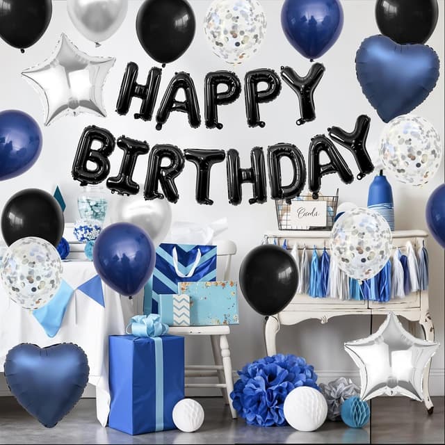 Detalle de Navy Blue & Black “Happy Birthday” Balloon Decoration Set with Silver Confetti Balloons