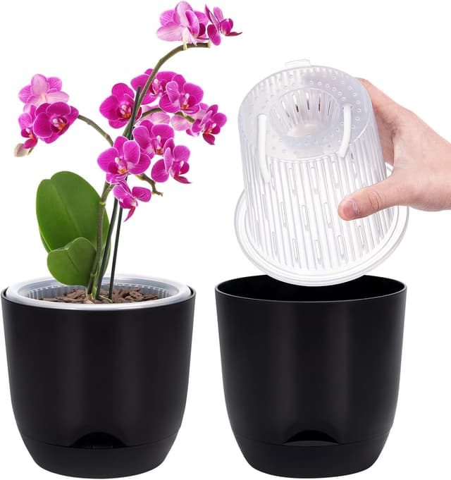 Detalle de QCQHDU 2 Pack Orchid Pots (5.8in) with Self-Watering Reservoir – Clear Plastic, Leak-Resistant Design