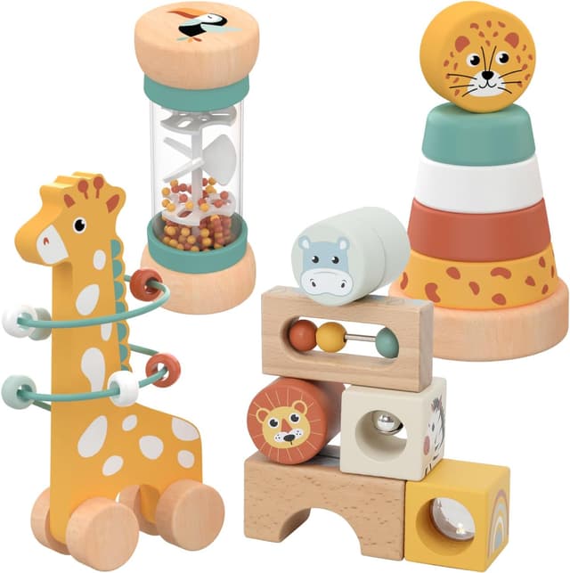 Detalle de Nene Toys Montessori Holzspielzeug 4-in-1 Set ab 1 Jahr (Klangbausteine, Regenmacher, Stapelturm & Giraffen-Labyrinth)