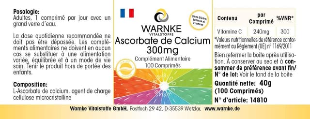 Thumbnail 3 de Warnke Vitalstoffe Ascorbato de Calcio 300 mg Vegana 100 comprimidos 🍊