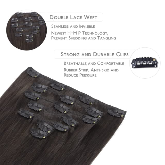 Detalle de WENNALIFE Clip-in Echthaar Extensions (70 g, 7 Strähnen à 55 cm) Dunkel Braun