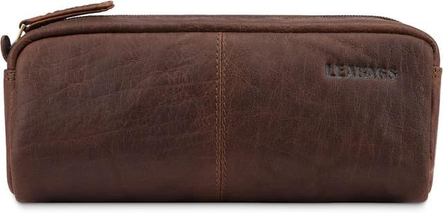 Detalle de LEABAGS Leder-Federmäppchen (Großes Echtleder) Umber – Stiftetui & Stiftmappe für Schule, Beruf und Uni