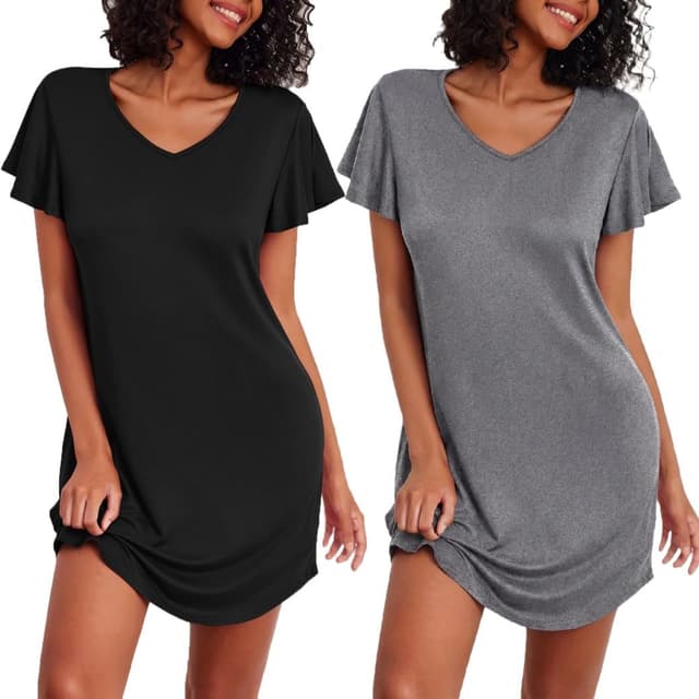 Detalle de Ekouaer Damen Nachthemden Kurzarm (2er-Set) – Sleepshirt mit Print, V-Ausschnitt, S–XXL