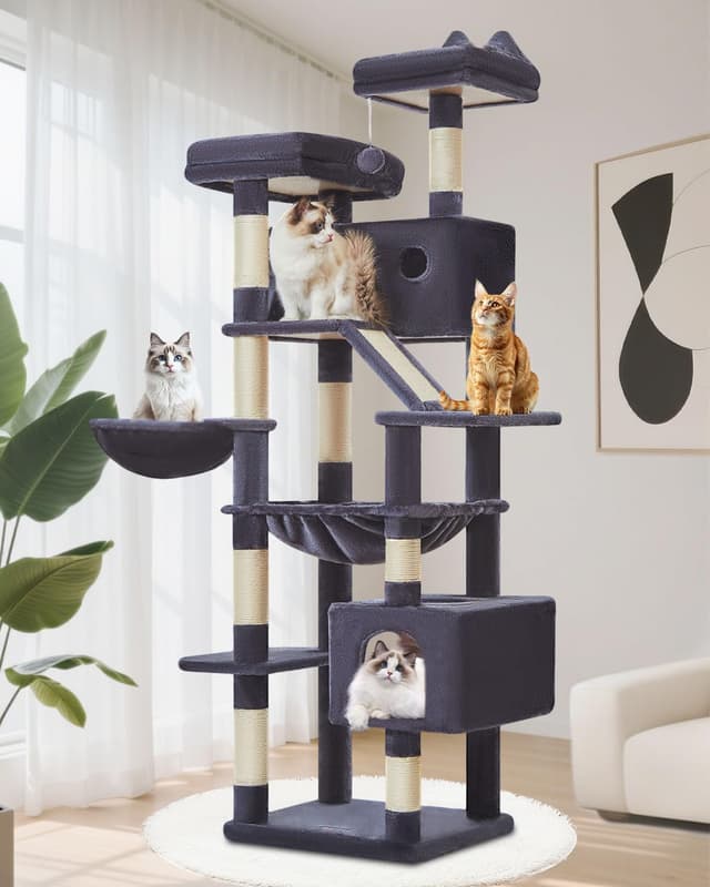 Detalle de Taoqimiao 180cm Cat Tree (MS026LG) with 8 Sisal Scratching Posts, Hammock & 2 Top Perches