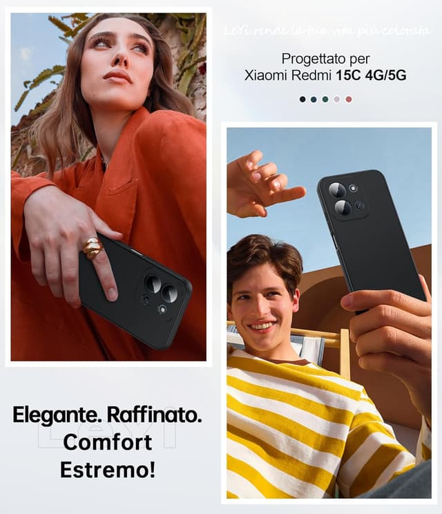 Thumbnail 6 de LeYi Cover per Redmi 15C 4G/5G con vetro temperato (2 pezzi) e custodia ultra slim in TPU, protezione fotocamera, nero